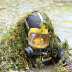 Diver covered in a waterweed affecting public safety and biodiversity